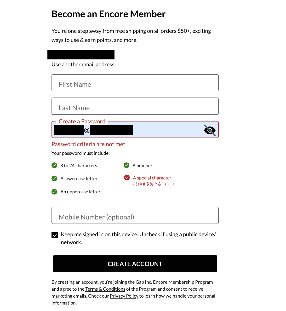 Gap's password creation screen